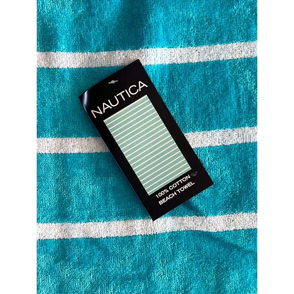 Nautica Beach Towel Teal White‎ Striped 100% Cotton Brand New NWT Nautical